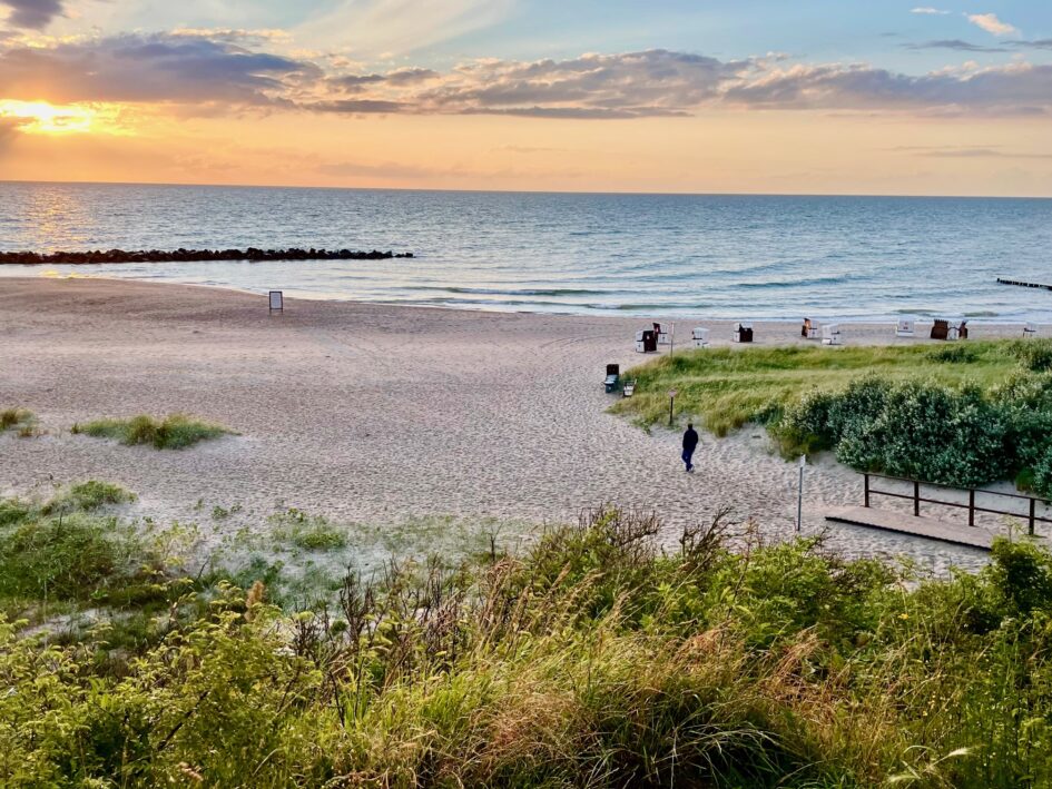 Strand von Ahrenshoop mit Blick auf Ostsee und Abendhimmel, im Vordergrund Dünengrün